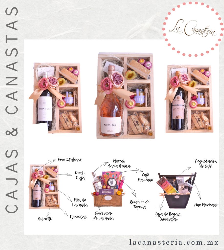 Cajas y canastas de regalo con vino y productos gourmet para hombre o mujer