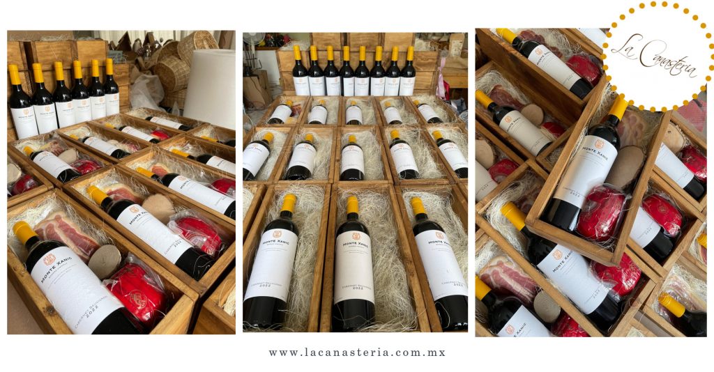 Pedido para empresas de cajas de regalo con vino mexicano monte xanic, queso gourmet y jamón serrano de La Canastería