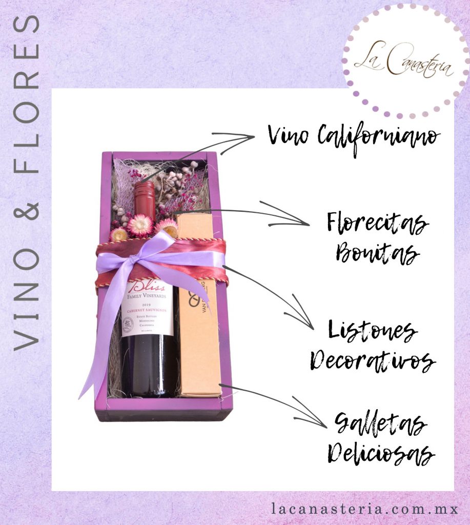Cajas y canastas de regalo con finos arreglos de vino y flores