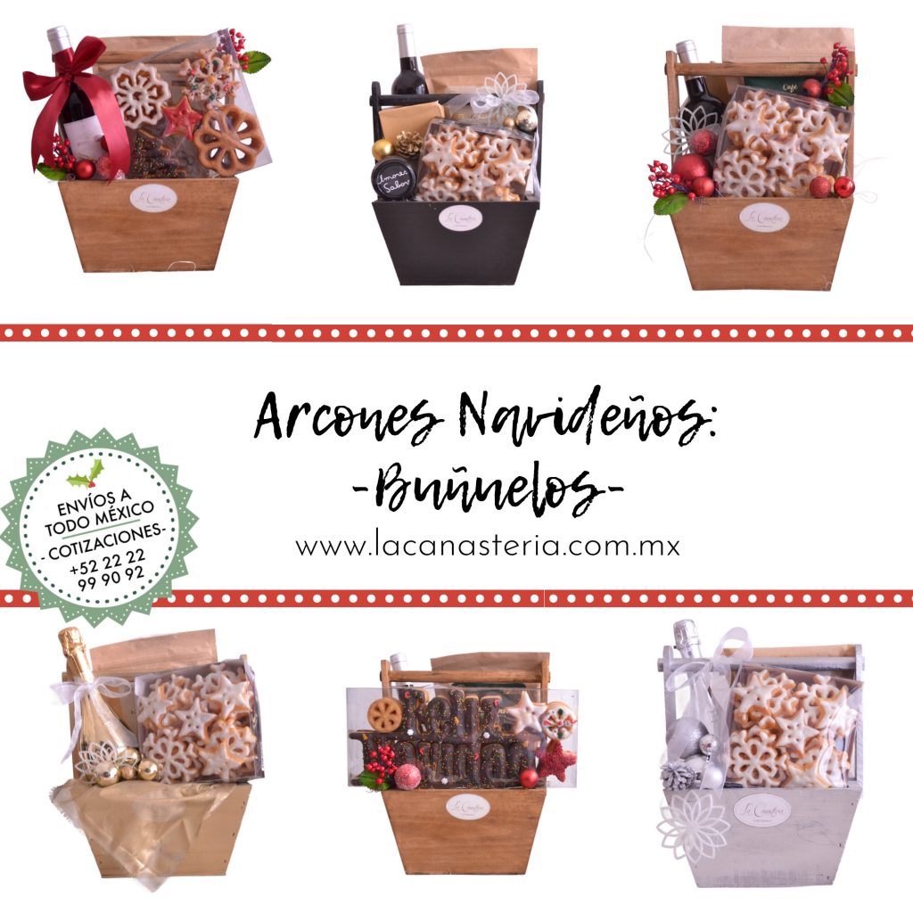 Canastas y arcones finos para regalos navideños en empresas con vino y buñuelos elegantes 